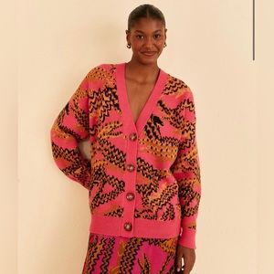 NWT Farm Rio Pink Croco Knit Cardigan Sweater Large